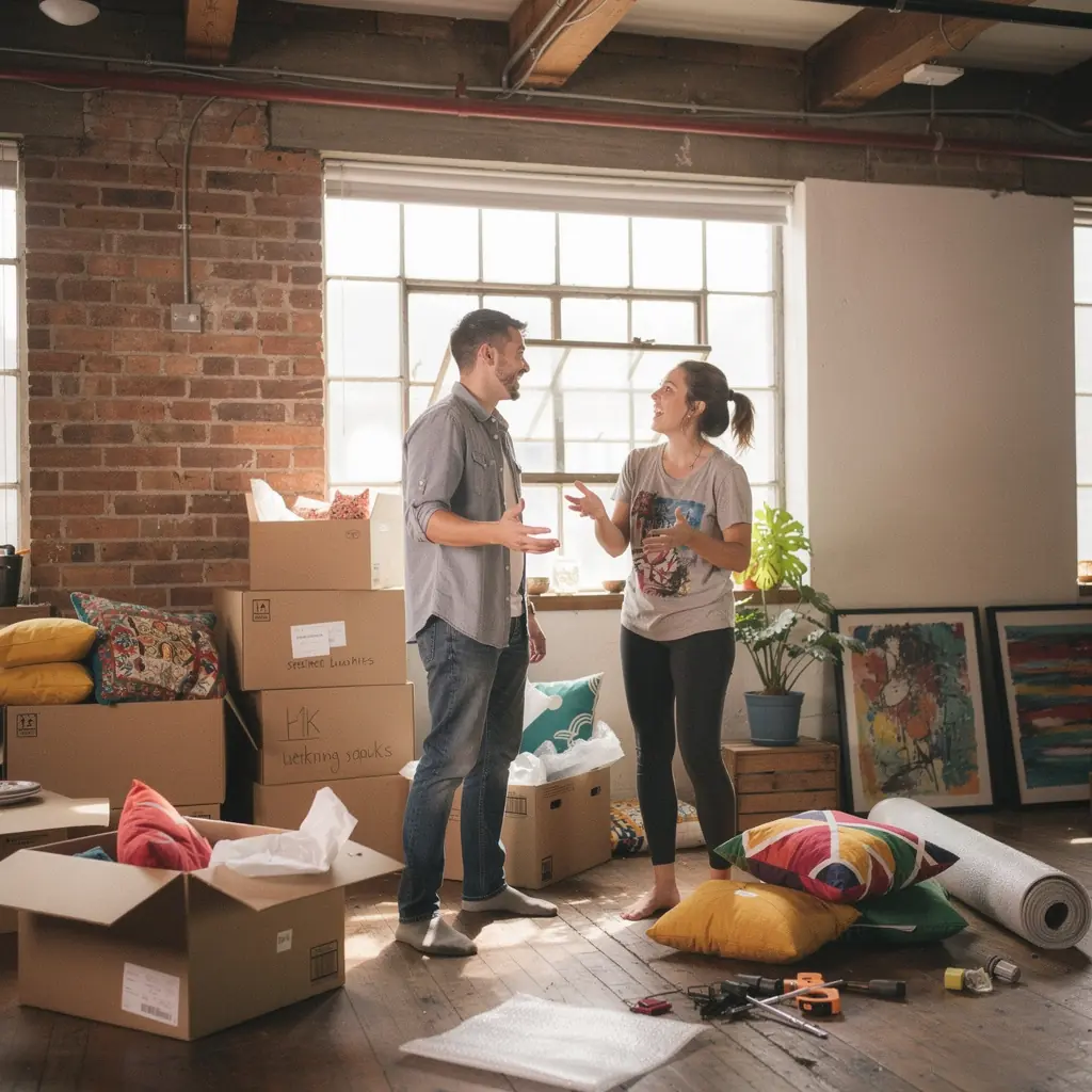 Rodzina przeszukująca oferty mieszkań, z uśmiechami na twarzach, korzystająca z platformy do koordynacji poszukiwań.