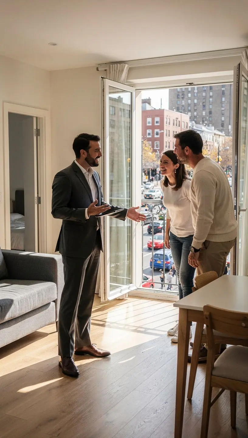 Przypomnienie o najważniejszych krokach w procesie wynajmu domu, z graficznymi ikonami reprezentującymi usługi.